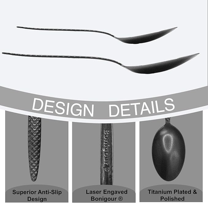 Chef Kunz Spoons - Professional Set for Basting, Plating, Quenelle, Serving, Sauces| Vintage-inspired 8" & 9" Chef Spoon Set| Culinary Plating Tools with Non-Slip Grip (Black)