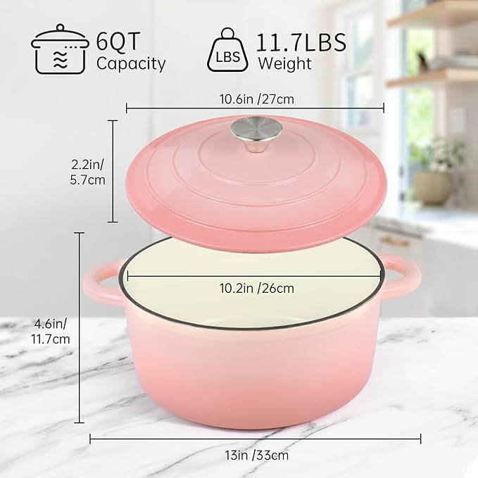6 Quart Enameled Cast Iron Dutch Oven Pot with Lid, Oven Safe up to 500°F or on Stovetop, Non-stick Dutch Oven for Bread Baking, Cooking, Dual Handles Cookware, Pink