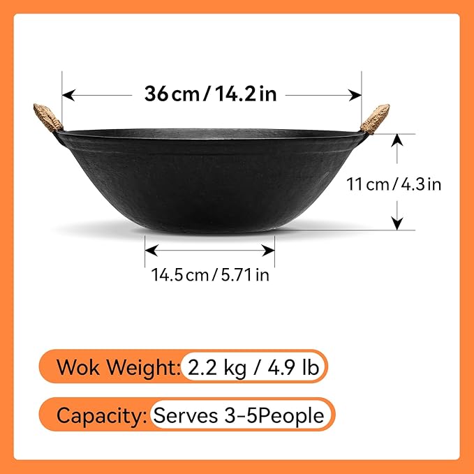 WANGYUANJI 14.2 Inch Cast Iron Wok with Wooden Lid and Stainless Steel Spatula, Flat Bottom Double-Handle Chinese Stir Fry Pan, Uncoated Cast Iron Wok for Induction, Gas and Electric Stoves