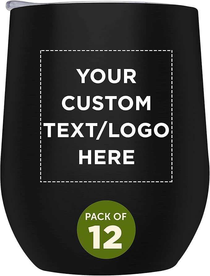 Custom Stemless Wine Glass Tumblers with Lids by Largo 11 oz. Set of 12, Personalized Bulk Pack - Perfect for Wine, Cocktails, Other Hot & Cold Beverages - Black