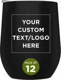 Custom Stemless Wine Glass Tumblers with Lids by Largo 11 oz. Set of 12, Personalized Bulk Pack - Perfect for Wine, Cocktails, Other Hot & Cold Beverages - Black