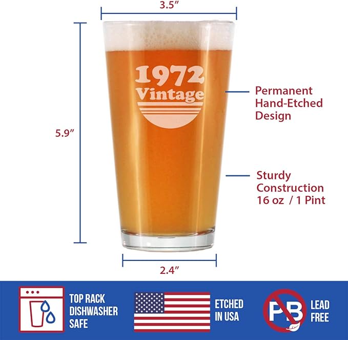 Bevvee Vintage 1972 Pint Glass for Beer - 53rd Birthday Gifts for Men or Women Turning 53 - Fun Bday Party Decor - 16 oz