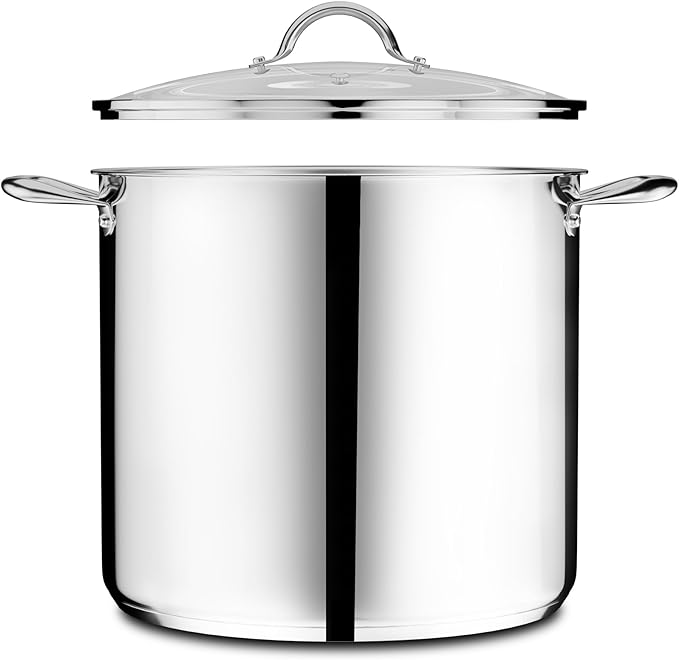 Stainless Steel Stockpot with Tempered Glass Lid 24 Quart, Durable 18/0 Stainless Steel, Impact-Bonded Base for Even Heating, Riveted Handles, Oven & All Stove Compatible, Safe Up To 500°F (260°C)