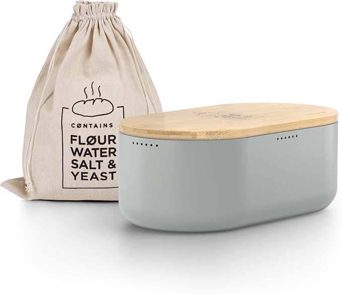 LARS NYSØM Bread Box I Metal Box with linen bag for long lasting freshness I Bread Bin with bamboo lid usable as cutting board I 14.2x7.5x5.1 In (Ash Gray)