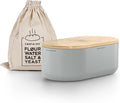 LARS NYSØM Bread Box I Metal Box with linen bag for long lasting freshness I Bread Bin with bamboo lid usable as cutting board I 14.2x7.5x5.1 In (Ash Gray)