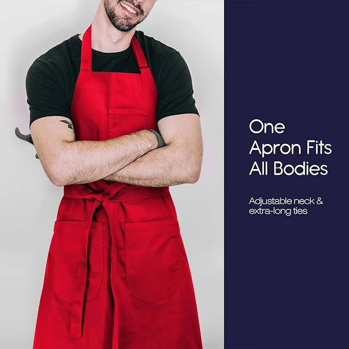 Unisex Apron with Pockets for Cooking, Salon & Art - 100% Cotton Adult Kitchen, Chef, Stylist Apron (Red)