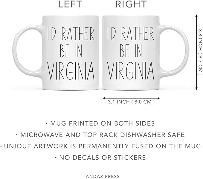 Andaz Press U.S. State 11oz. Coffee Mug Gift, I'd Rather Be in Virginia, 1-Pack, Long Distance College Going Away Study Abroad Birthday Christmas Gifts