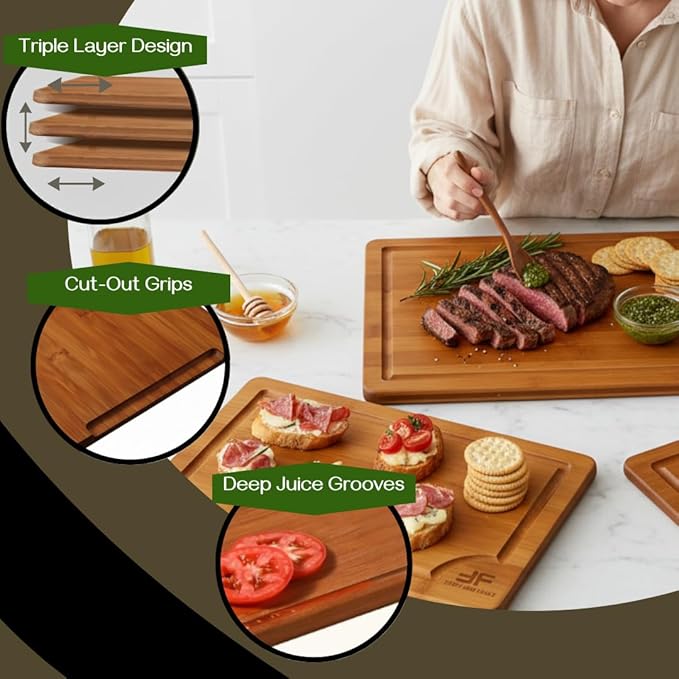 Bamboo Cutting Board for Kitchen, set of 3, Wooden Chopping Board Set with Deep Juice Grooves & Built-In Handles, Knife-Safe Wooden Chopping Boards for Meats, Veggies & Fruits