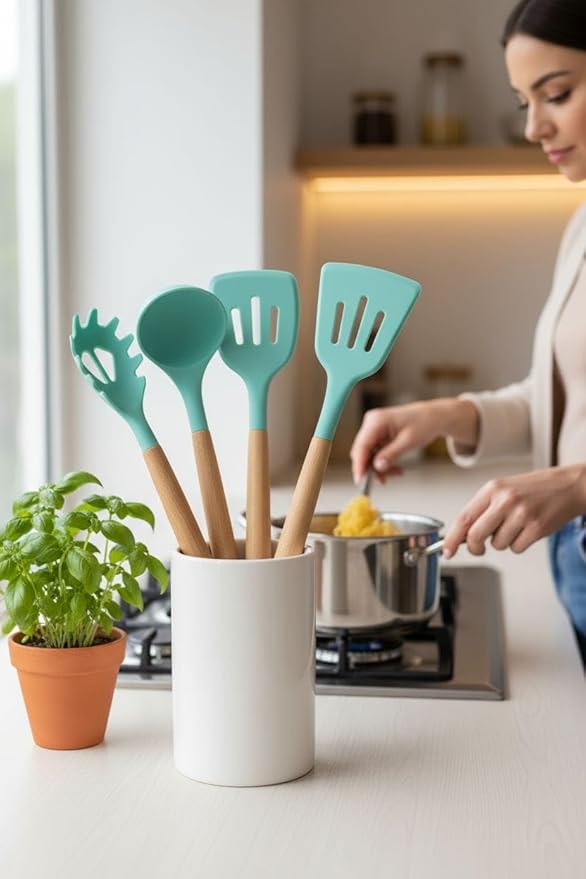 Silicone Cooking Spoons, 4-Piece Nonstick Utensil Set with Acacia Wood Handles - Heat-Resistant for Frying, Serving & Turning Spatula