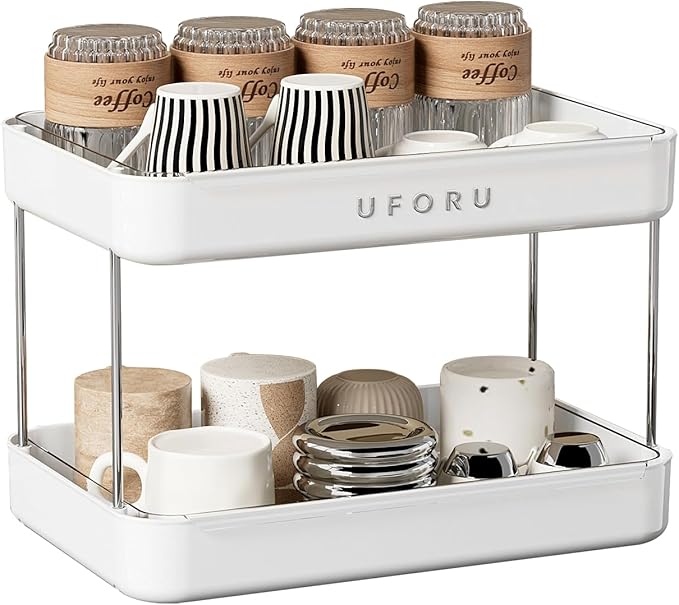 Countertop Coffee Station Organizer| 2-Tier Whisky Glass Holder, Mug Drying Rack with Removable Drain Tray - Easy to Install, Clean - Matcha Station Shelf for Kitchen, Bathroom Counter Organzier