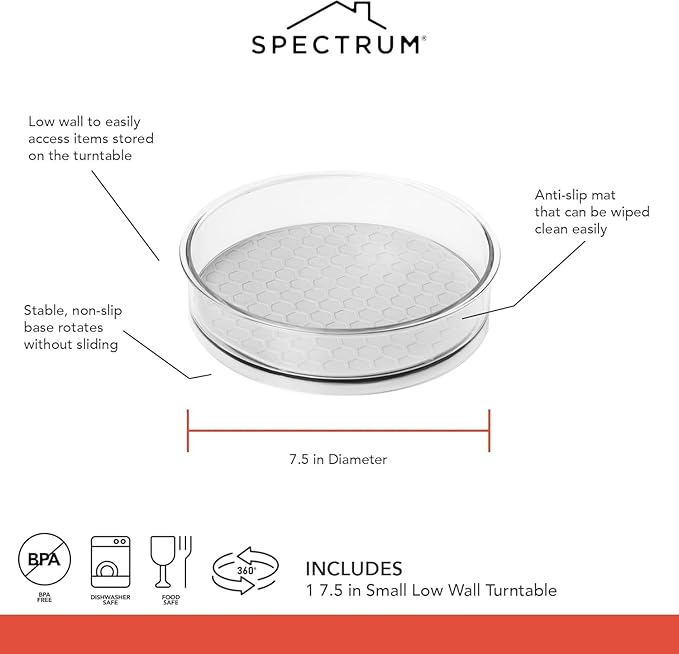 Spectrum Small Lazy Susan Organizer 7.5 in for Cabinets Refrigerator Pantry Table, Oyster Gray Rotating Storage Spice Rack Turntable for Sauces Jams or Tiny Jars, Spinning Fridge Organizer