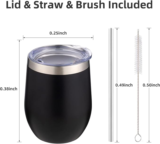 12 oz Insulated Wine Tumbler with Lid and Straw,Stainless Steel Stemless Wine Tumbler Glasses Double Wall Vacuum Wine Cups Tumbler Bulk for Coffee,Champaign,Cocktail（Black,1）
