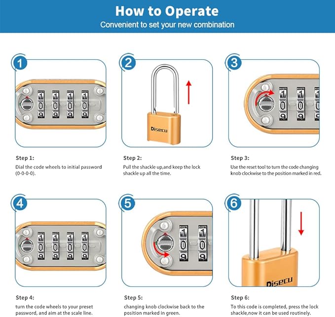 1 Pack disecu Heavy Duty 4 Digit Combination Lock, Anti-Error Feature, 2.5 Inch Long Shackle Outdoor Waterproof Padlock for School Gym Locker, Fence, Gate, Toolbox (Brass)