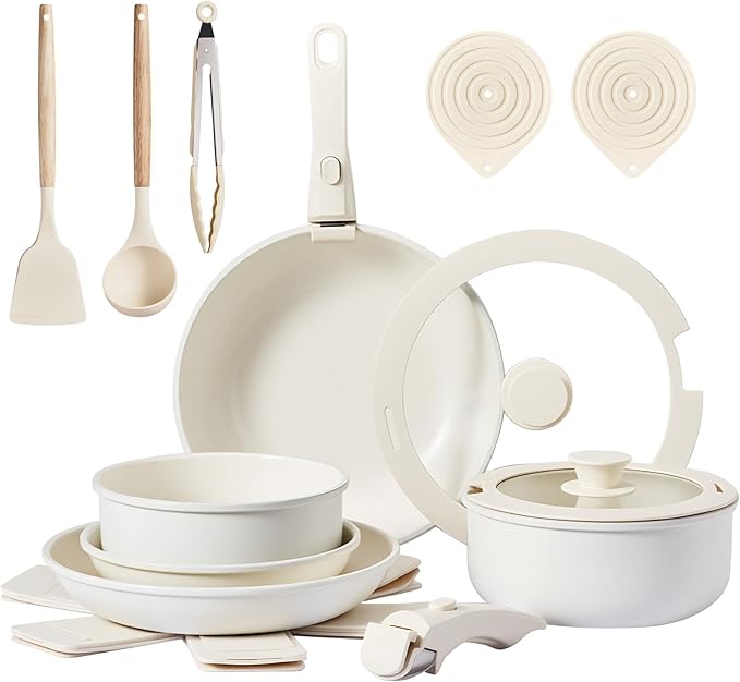 Bonnlo 19 Pcs Nonstick Pots and Pans Set with Lids, Kitchen Cookware Set with Detachable Handle Include Saucepan, Frying and Saute Pan, PFAS PFOA & PFOS Free, RV Induction, Aluminum, Cream White