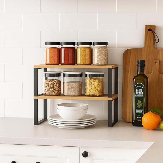 Sben Cabinet Organizer Shelf, Set of 2 Kitchen Counter Shelves, Kitchen Storage, Spice Rack, Stackable, Expandable, Metal and Engineered Wood, Ink Black and Natural Beige