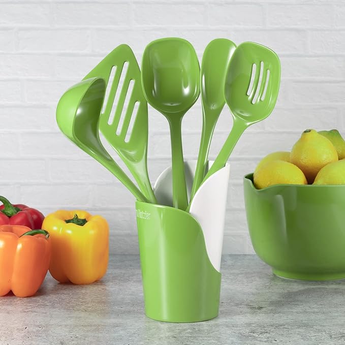 Hutzler 6-piece Melamine Cooking Utensils Set, Includes a 12-inch Long Slotted Spoon, Solid Spoon, Mixing Spoon, Slotted Turner, Soup Ladle, and Storage Crock, Green