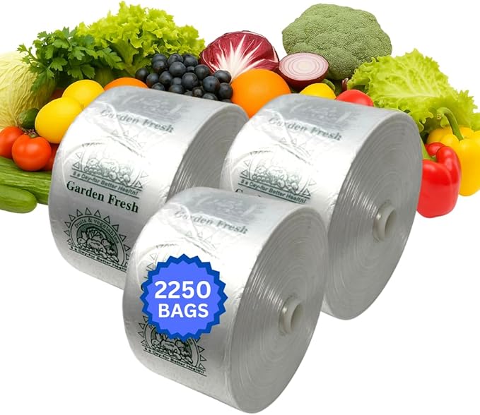 Clear Produce Bags Roll - 2250 Bags - 15"x20" – (3 Rolls, 8 Microns) – for Grocery, Small Business, Reusable Produce Use, Food & Storage Needs, Garden Fresh, Narrow Profile, Kitchen Use