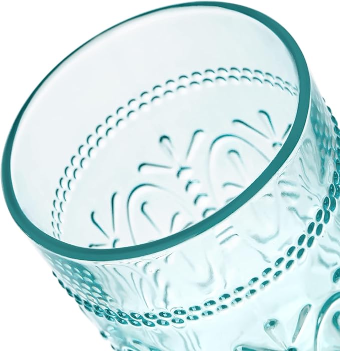 CREATIVELAND Colored Vintage Drinking Glasses Set of 4, 15.5 oz Romantic Embossed Water Glasses, Colored Tumblers Tempered Glass for Juice, Beverages, Beer, Cocktail