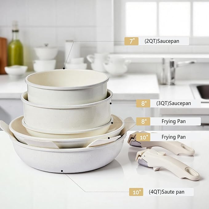 Bonnlo 19 Pcs Nonstick Pots and Pans Set with Lids, Kitchen Cookware Set with Detachable Handle Include Saucepan, Frying and Saute Pan, PFAS PFOA & PFOS Free, RV Induction, Aluminum, Cream White