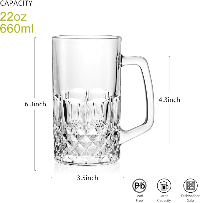 Beer Mug Set of 2, 22oz Crystal Beer Glasses with Handle, Glass Beer Mugs for Freezer, Gifts for Men