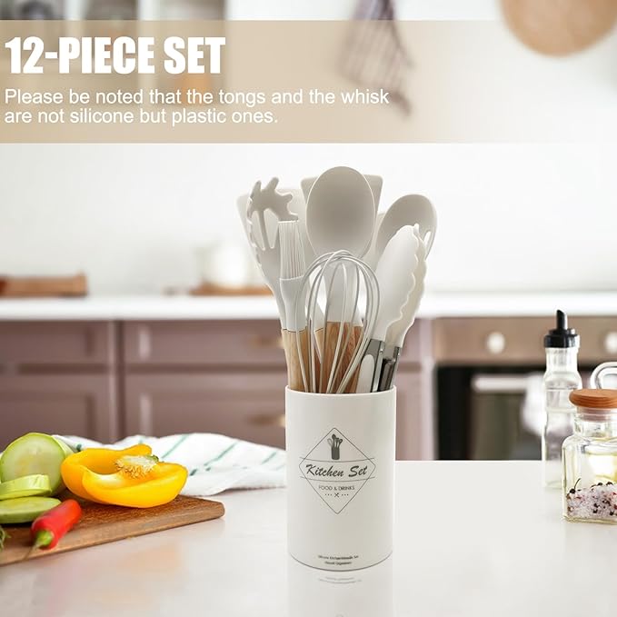 Kitchen Utensils Set of 12, Silicone Cooking Utensils with Non-Slip Wooden Handle and Organizer Bucket, 446°F Heat Resistant Cookware Utensils Set (Cream White)
