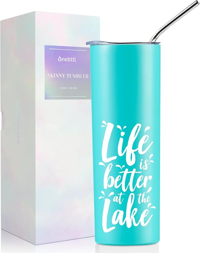 Onebttl Lake House Gifts for Women, 20oz Stainless Steel Insulated Tumbler, Housewarming Gifts for Lake Lovers - Teal, Life is Better at the Lake