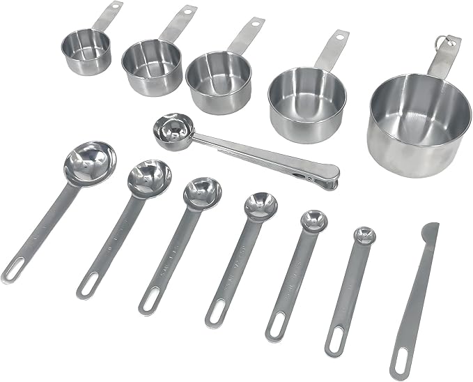 Stainless Steel Measuring Spoons and Cups Set with Clip set of 13, Including 5 Measuring Cups,6 Measuring Spoons, and Spoon Clip, Durable and Perfect for Baking and Cooking