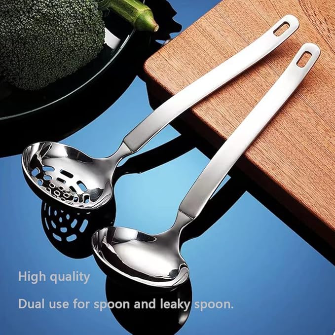 Small Soup Ladle Metal SUS304 Stainless Steel Ladles Spoon And Slotted Colander Spoon Set Soup Ladle With Holes Strainer Scoop Ladles For Serving Gravy Hot Pot Or Restaurant,2 Piece Set