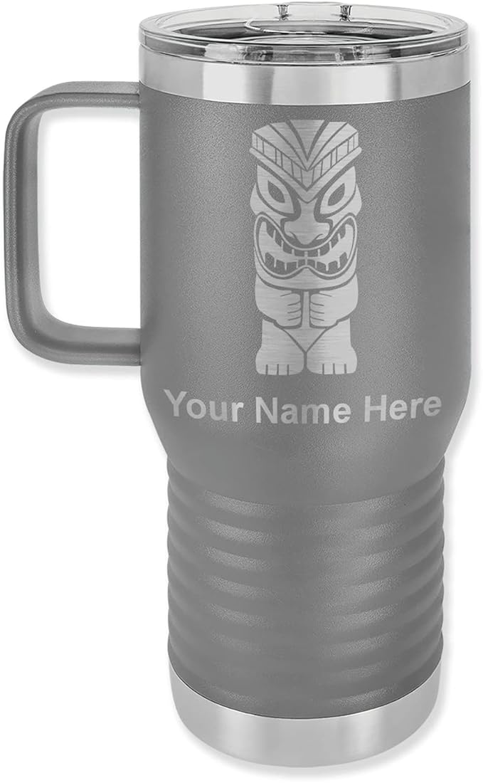 20oz Vacuum Insulated Travel Mug with Handle, Tiki Statue, Personalized Engraving Included (Gray)