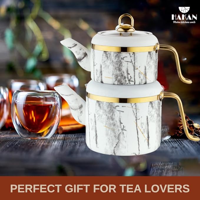 Hakan Melody Turkish Tea Pot Set | 3.5 L Tea Kettles for Stovetop with Stainless Steel Handless and Glass Lid | Aluminum Body Tea Maker | Double Stovetop Kettles with Granite Cover, White 3.6 qt