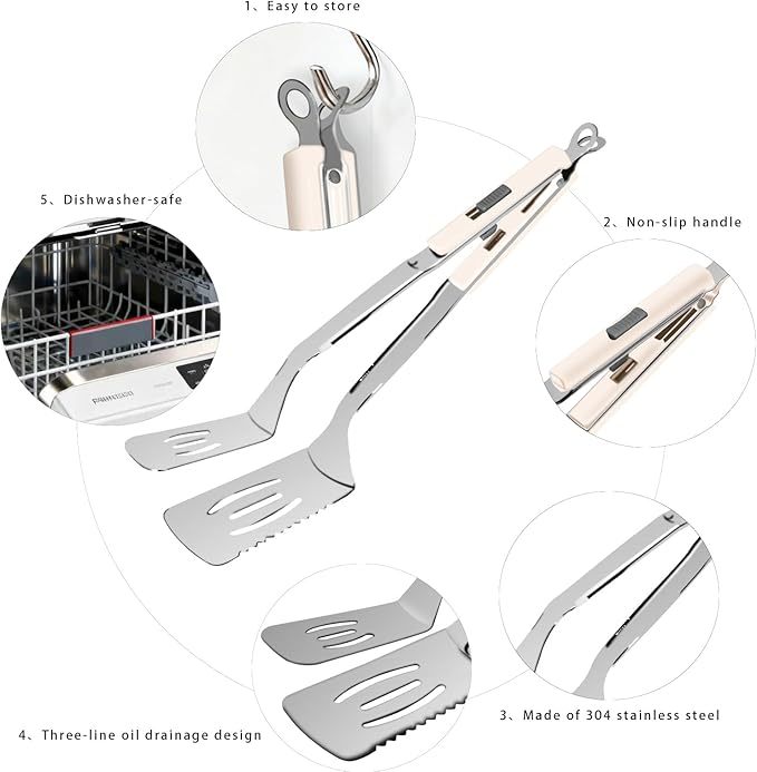 13.5-inch Stainless Steel Tongs for Cooking – Versatile Metal Spatula Tongs for Flipping, Picking Up, Cutting, and Stir-Frying Meats and Other Foods. Kitchen Tongs Durable and Multifunctional.(White)