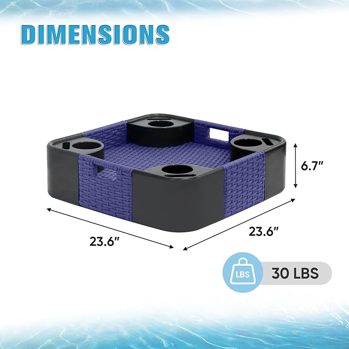 COOS BAY 24''x24'' Square Floating Drink Holder for Pool and Hot Hub, Large Floating Serving Tray with Handles, Wicker Floating Pool Tray for Food and Drinks, Blue
