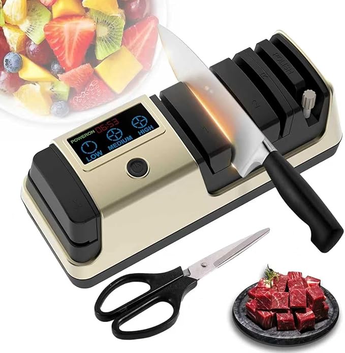 Professional 5-in-1 Electric Knife Sharpener w/LCD, Scissor Sharpener with 3-Speed & 100% Diamond Abrasives -Precision Angle Guides Sharpens Straight, Serrated, Cleaver Knives