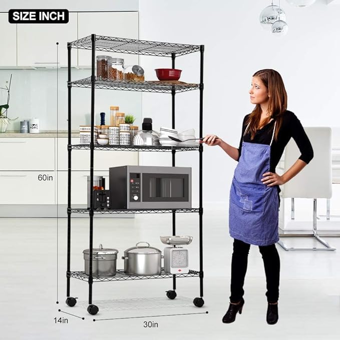 5-Shelf Adjustable Storage Shelf, Heavy Duty Storage Shelving Unit with Wheels, Standing Shelves Metal Organizer Wire Rack for Kitchen Bathroom Pantry, 30" L x 14" W x 60" H, Black