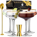 VEMACITY - Deluxe Espresso Martini Glasses Set of 4 | 10oz Coupe Glasses with Gold Rims for Champagne, Cosmopolitans - Includes Gold Jigger, Bar Spoon & eBook - | Ideal for Christmas & New Years