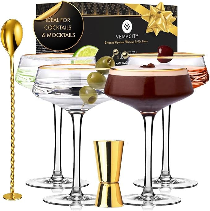 VEMACITY - Deluxe Espresso Martini Glasses Set of 4 | 10oz Coupe Glasses with Gold Rims for Champagne, Cosmopolitans - Includes Gold Jigger, Bar Spoon & eBook - | Ideal for Christmas & New Years