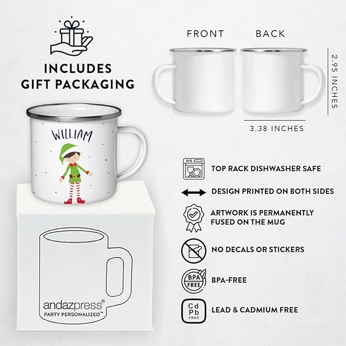 Andaz Press Personalized 11oz. Kids Christmas Hot Chocolate Stainless Steel Campfire Coffee Mug, Green Boy Xmas Elf Standing 1-Pack, Custom Birthday Xmas Cup Kids Mugs For Hot Chocolate Christmas Mugs