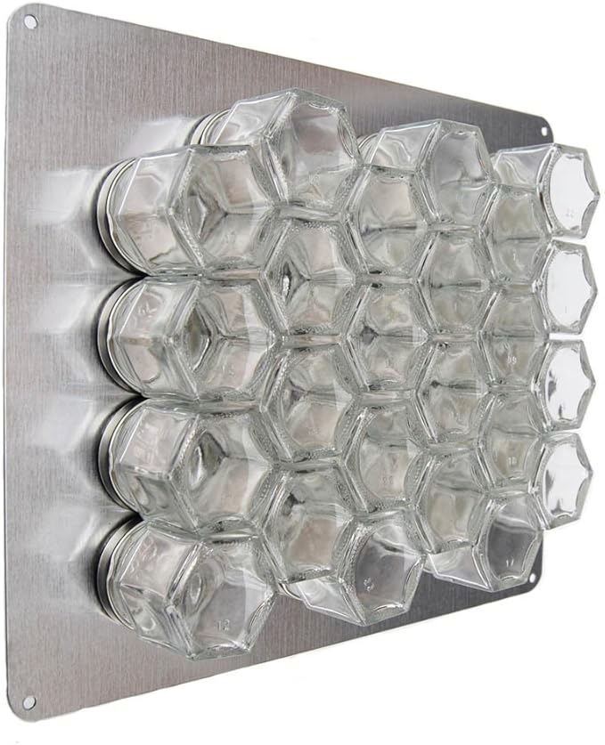 Gneiss Spice DIY Wall Hanging Magnetic Spice Rack (24 Small Jars, Silver Lids, 10x12 Stainless Plate)