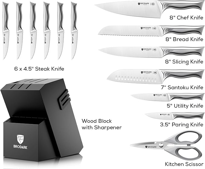 BRODARK Kitchen Knife Set with Block - 15-Piece Knife Block Set with Built-in Sharpener - High Carbon Stainless Steel Kitchen Knives Set for Kitchen - Shark Series