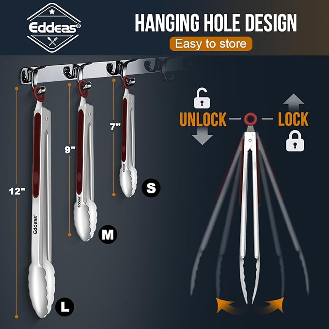 Tongs For Cooking - 7",9" and 12 inch Kitchen Tong Heat Resistant 600 Degrees Stainless Steel Tongs, Heavy Duty Metal Locking Tong, Perfect for Food, BBQ Red Set of 3