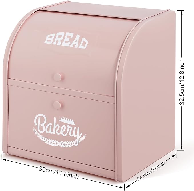 Bread Box, Metal Bread Box For Kitchen Countertop, Bread Storage Container Holds 2 Loaves Of Bread, High Capacity Breadbox, Bread Holder Suit Farmhouse Kitchen Decor For Counter (Pink)