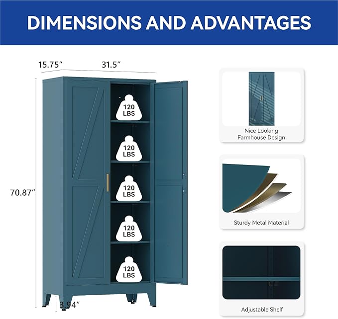COFaR 71 in Tall Metal Storage Cabinet, Metal Cabinet with 3 Adjustable Shelves and Barn Doors, Farmhouse Cupboard Storage for Kitchen Pantry Garage, Peacock Blue 5-Tier