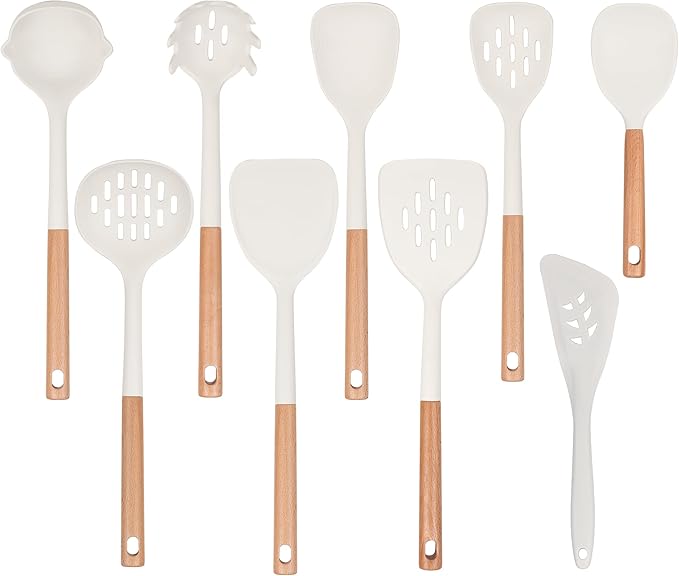 Kitchen Cooking Utensils Set, Silicone Cooking Utensils for Wooden Handles, 9 PCS Cooking Utensils with Spoon Spatula &Turner Made of Heat Resistant Food Grade Silicone for Nonstick Cookware