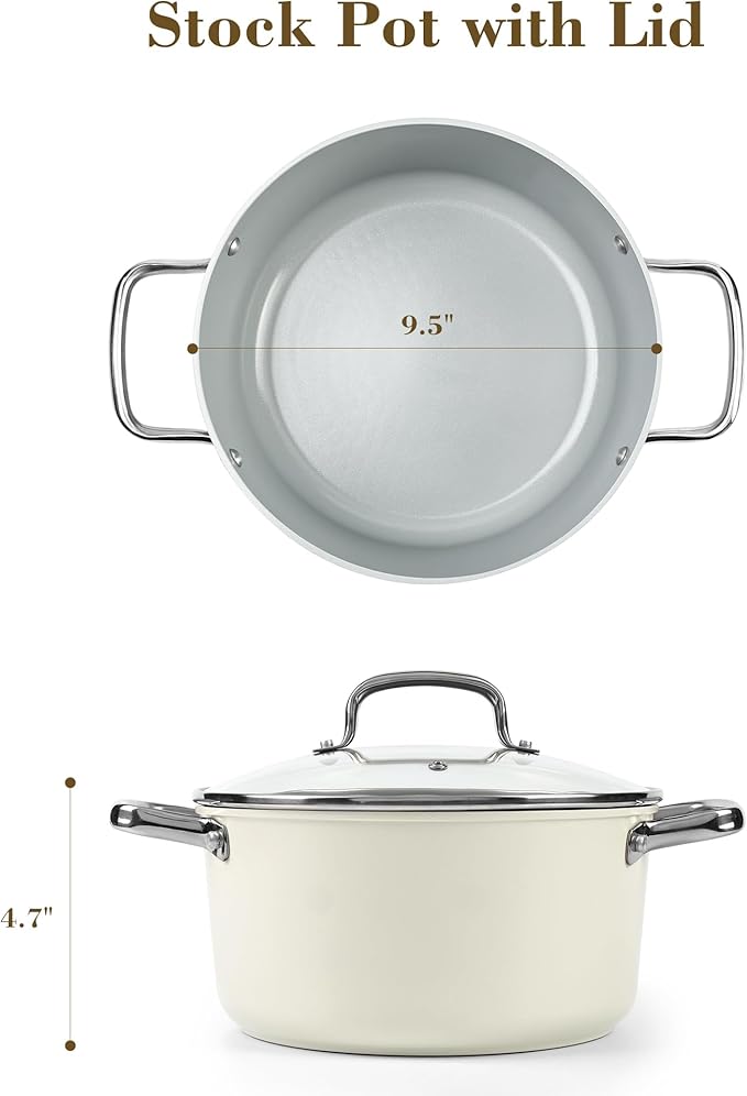 Ceramic 5 Qt Nonstick Stock Pot with Lid, Soup Pot, Easy to Clean Non Stick Pasta Pot, PFOA PFAS PTFE Free, White