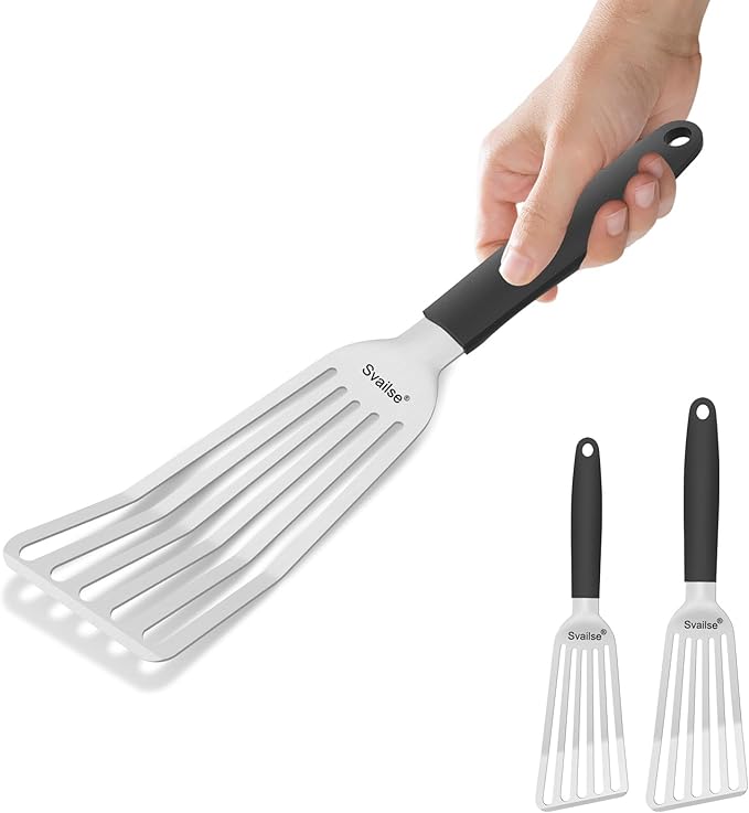 Fish Spatula Stainless Steel, Metal Spatula for Cast Iron Skillet, Slotted Turner with Silicone Handle for Cooking, Grilling, Flipping, Egg, Cookie, Pancake and Burger (Small and Large)