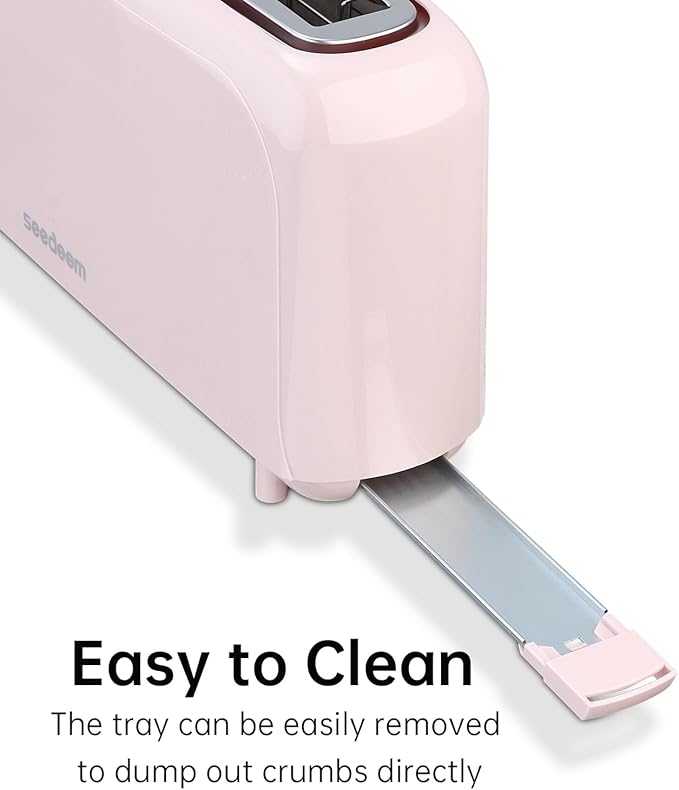 SEEDEEM 2 Slice Slim Toaster, Single 10" Long Slot Toaster Fits Bagels & Artisan Bread, 6 Shade Settings, Cancel/Reheat/Defrost, Removable Crumb Tray, Auto Shut-Off, Pink
