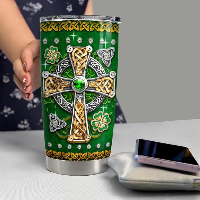 SANDJEST Irish Tumbler 20oz Celtic Cross Stainless Steel Tumbler with Lid Gifts for Women Birthday Christmas