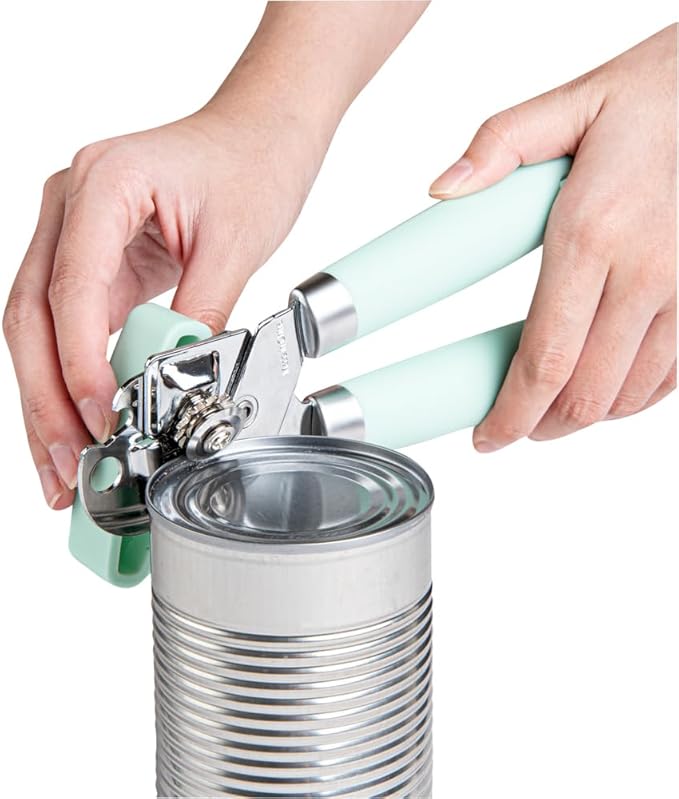 Restaurantware Comfy Grip 7.6 x 1.9 x 2.1 Inch Can Opener 1 Durable Manual Can Opener - Sharp Wheel Blade Grip Handle Mint Green Stainless Steel Hand-Held Can Opener Built-In Bottle Opener