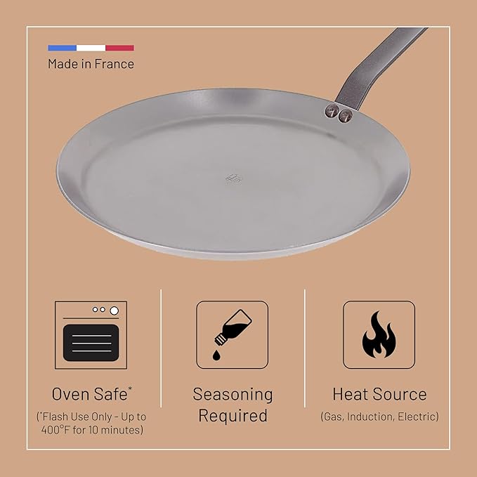 De Buyer MINERAL B Carbon Steel Crepe & Tortilla Pan - 12” Diameter, 10” Cooking Surface - Ideal for Making & Reheating Crepes, Tortillas & Pancakes - PFAS, PFOA & PFOS Free - Made in France