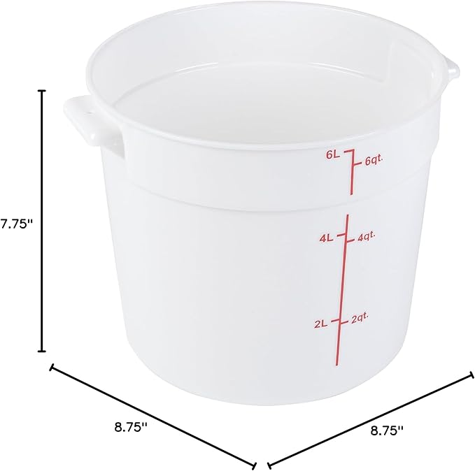 Restaurantware-Met Lux 6 Quart Food Storage Container, 1 White Storage Container - Lids Sold Separately, Red Volume Markers, Dishwashable Container, Side Handles, For Storing Foods